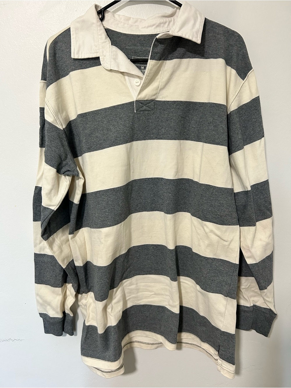 L.L. Bean Men's Long-Sleeve Rugby Polo in Gray & Cream Stripes